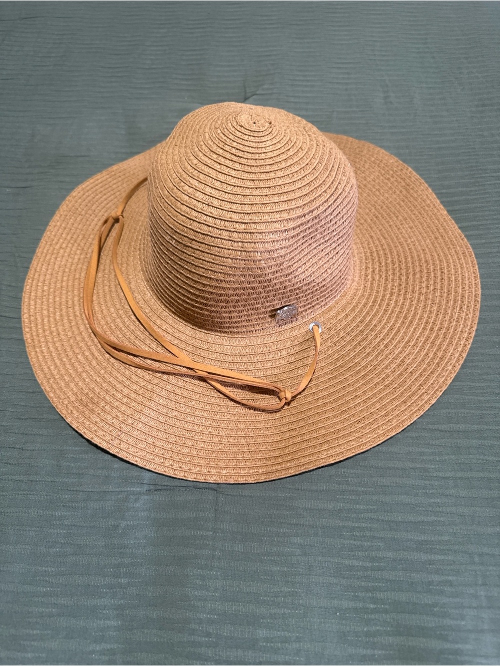 Wide-Brim Straw Sun Hat with Chin Tie - Tan